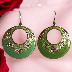 Green and Gold Tone Statement Fashion Earrings